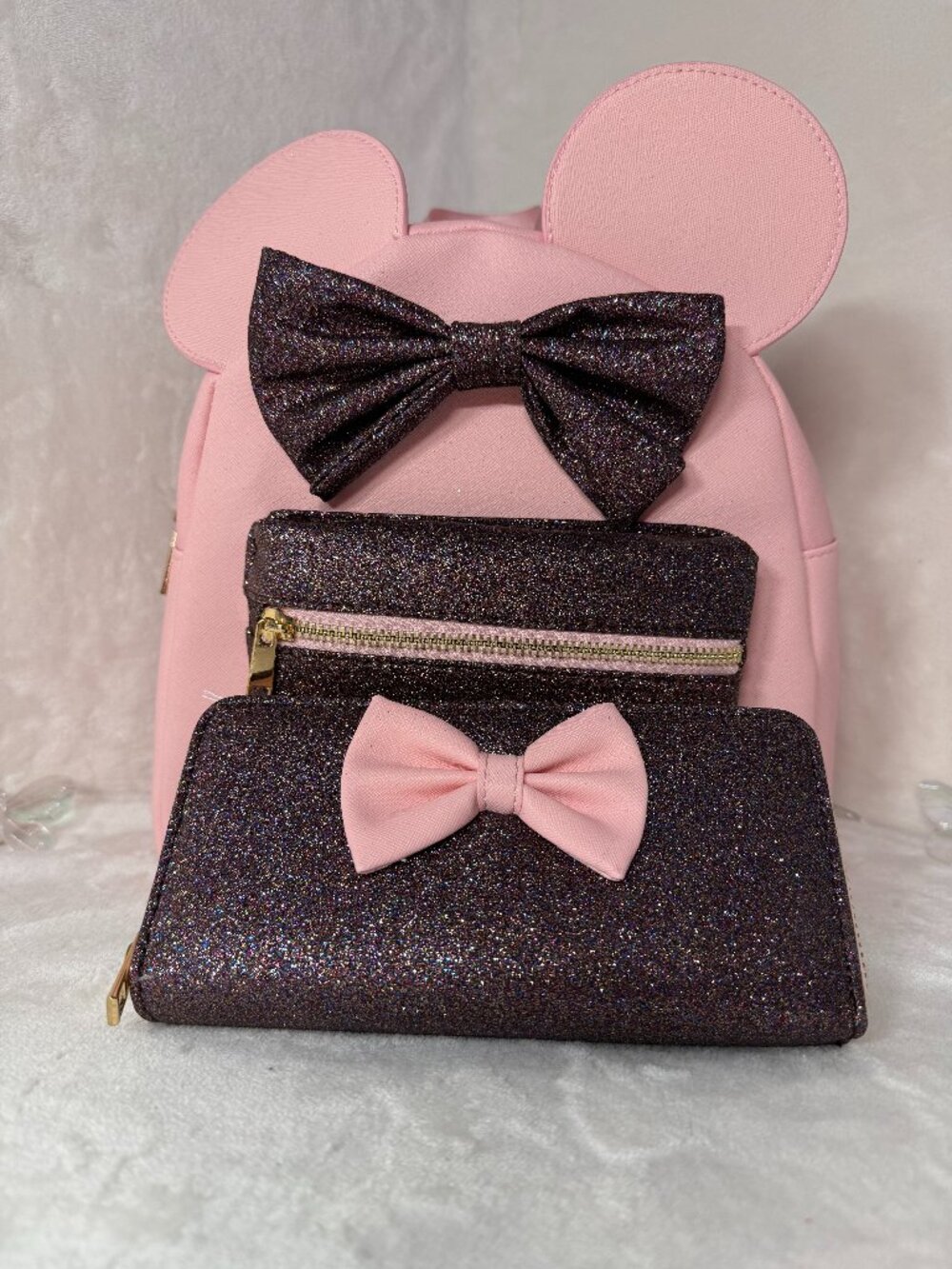Disney Minnie Mouse Pink Glitter Mini Backpack & Wallet Set – New